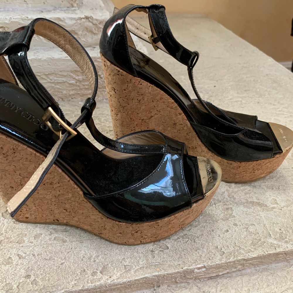 Jimmy Choo Black Patent Leather Pela Wedge